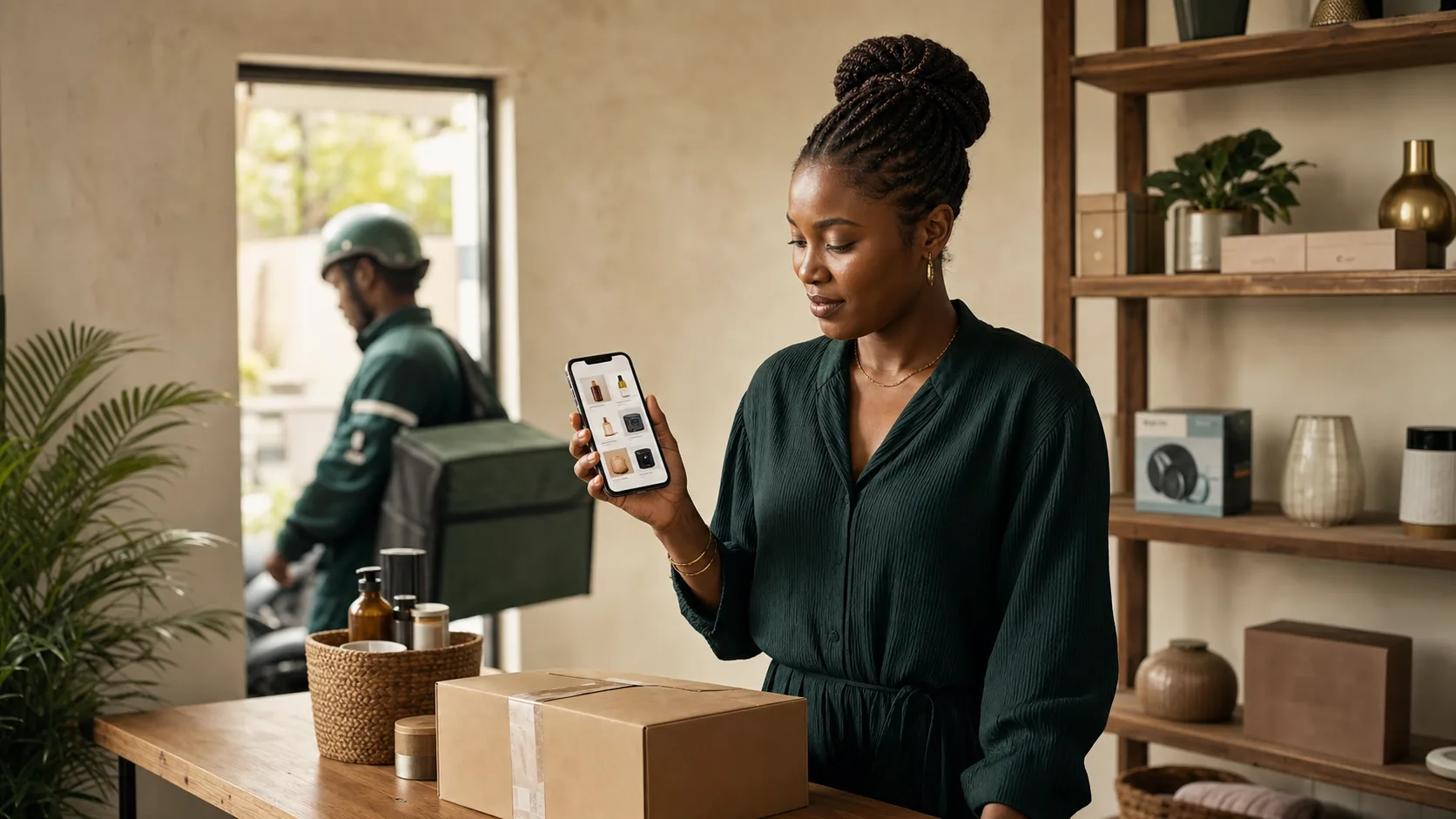 Une commerçante camerounaise présente sa boutique en ligne pendant qu’un partenaire récupère un colis