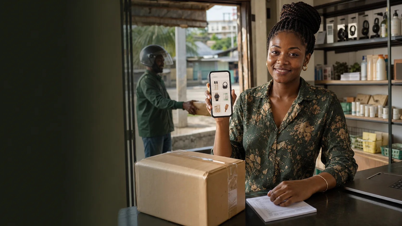 Une vendeuse camerounaise présente le catalogue produits de sa boutique KoriFlow depuis son téléphone